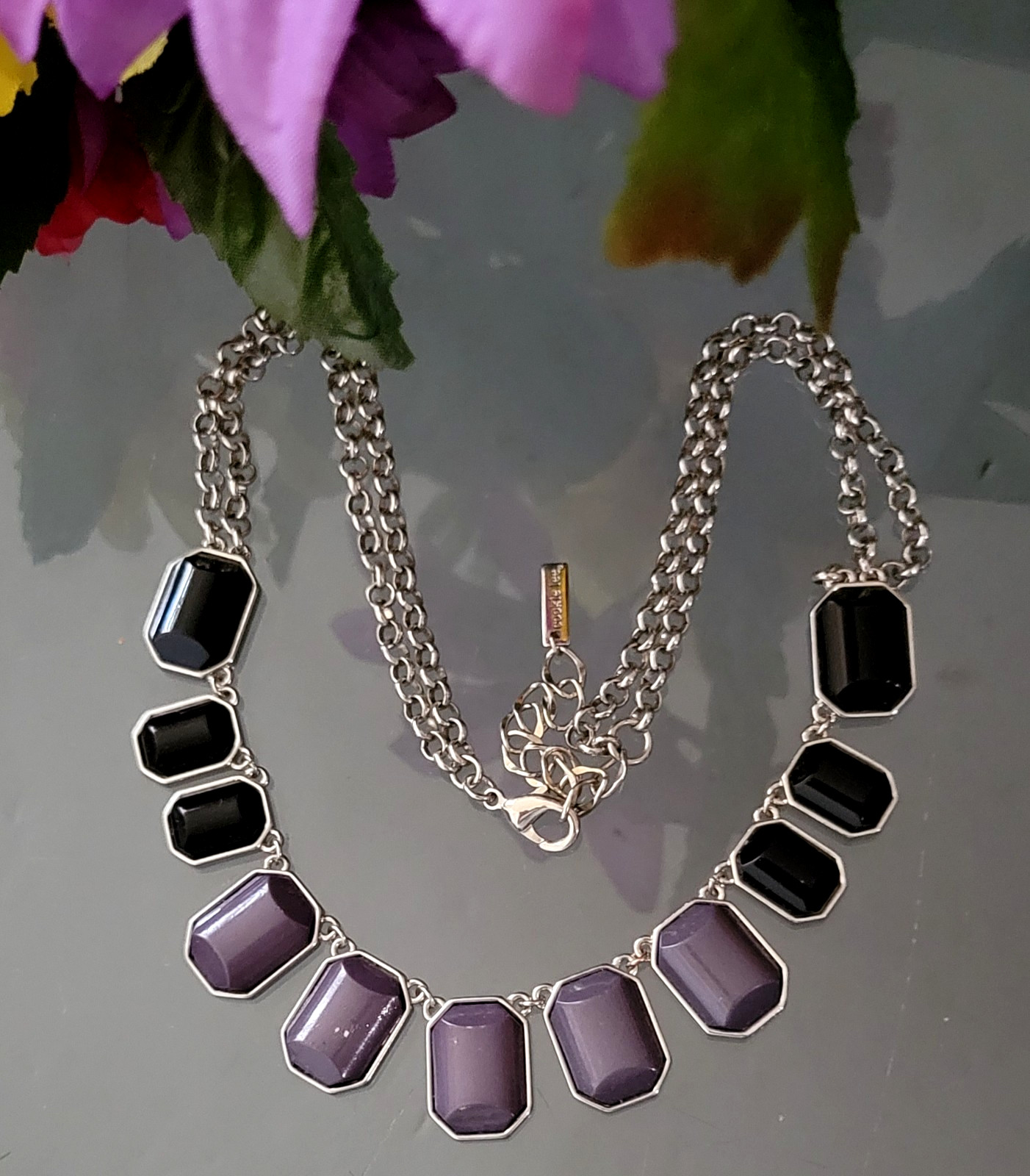Gradient Black Purple Bezel Style Stones Dual Strand Necklace by Cookie Lee