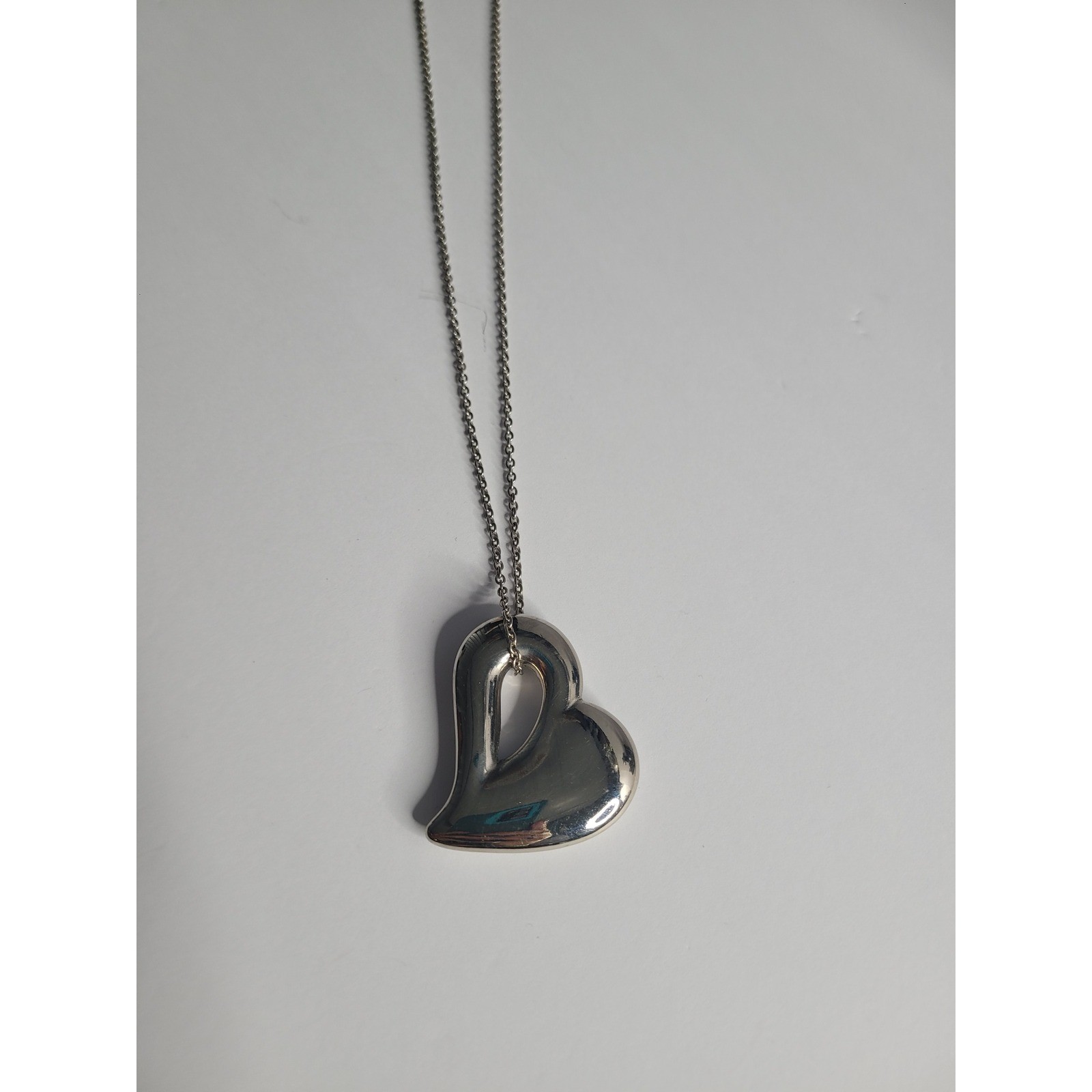 Silver Tone Open Heart Pendant Necklace Polished Sculptural Minimalist Jewelry
