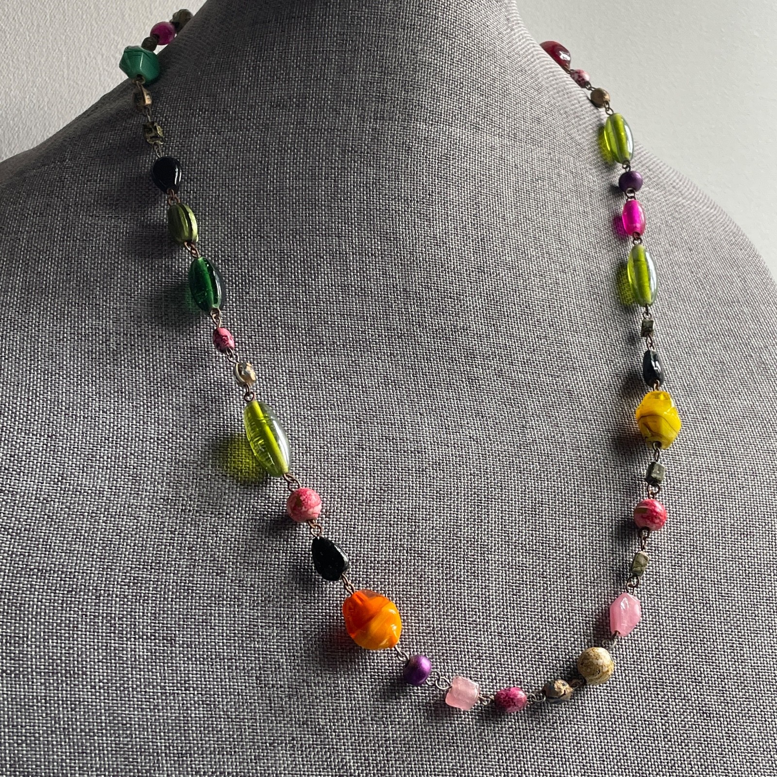 26″ Multi Color Hand Blown Beads w Bronze Links Pink Turquoise Yellow Necklace
