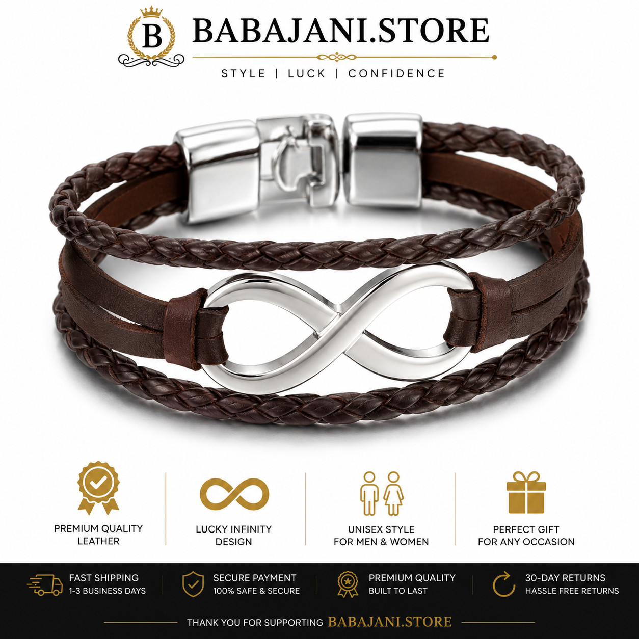 Lucky Figure 8 Leather Bracelet Adjustable Braided Wristband Unisex Black Brown