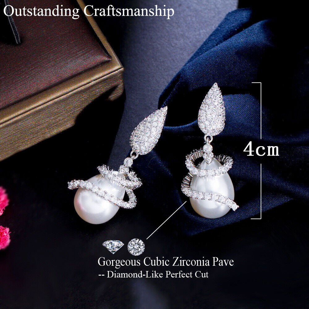 Silver Plated White Symmetrical Rotating CZ Drop Dangle Pearl Earrings for Women