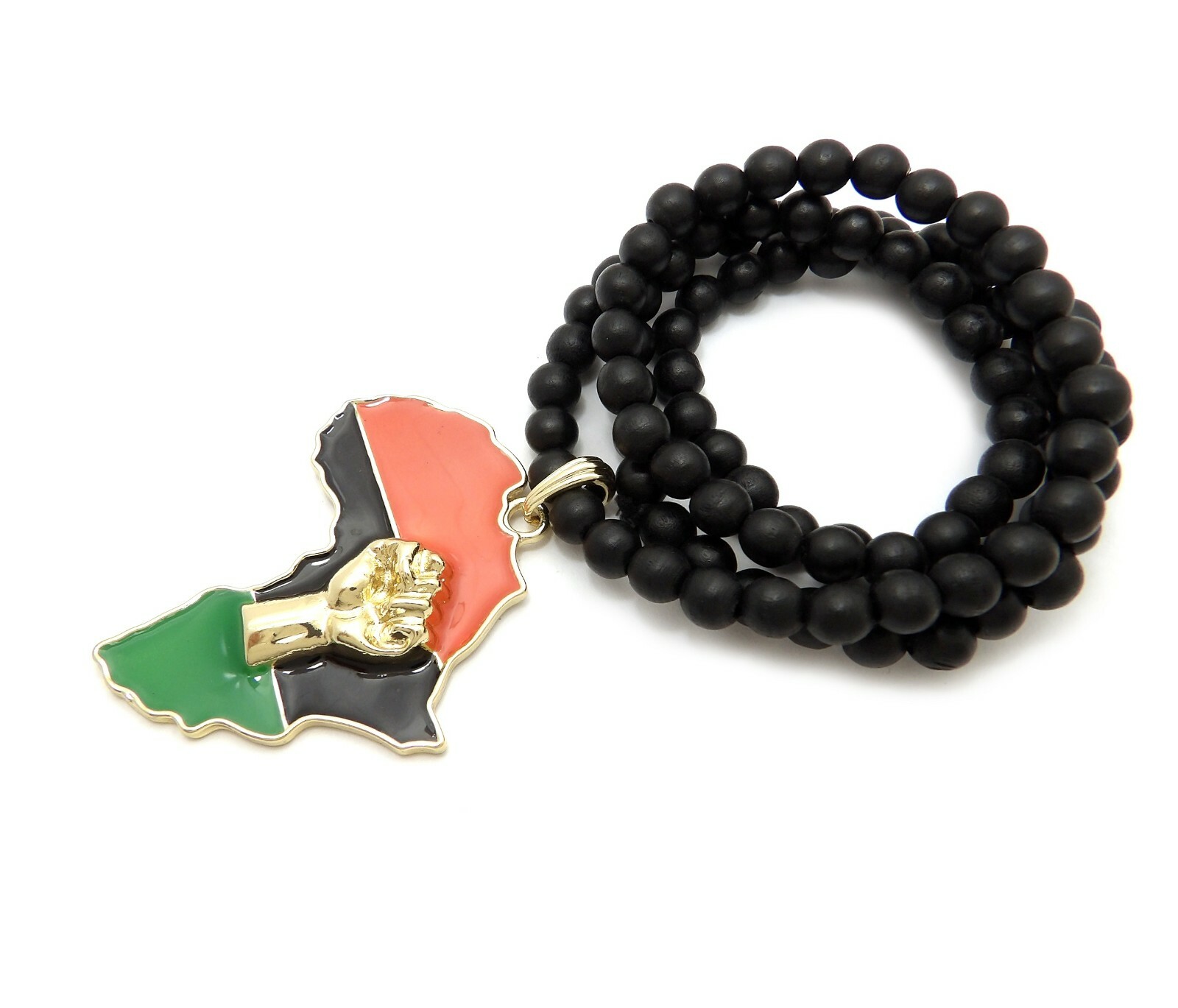 Fist Power in Africa Pendant & 8mm 30″ Wooden Wood Bead Chain Fashion Necklace