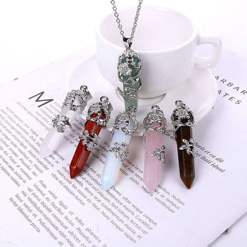 Natural Hexagonal Columns Necklace Plum Blossom White Crystal Pendant Gift Adult