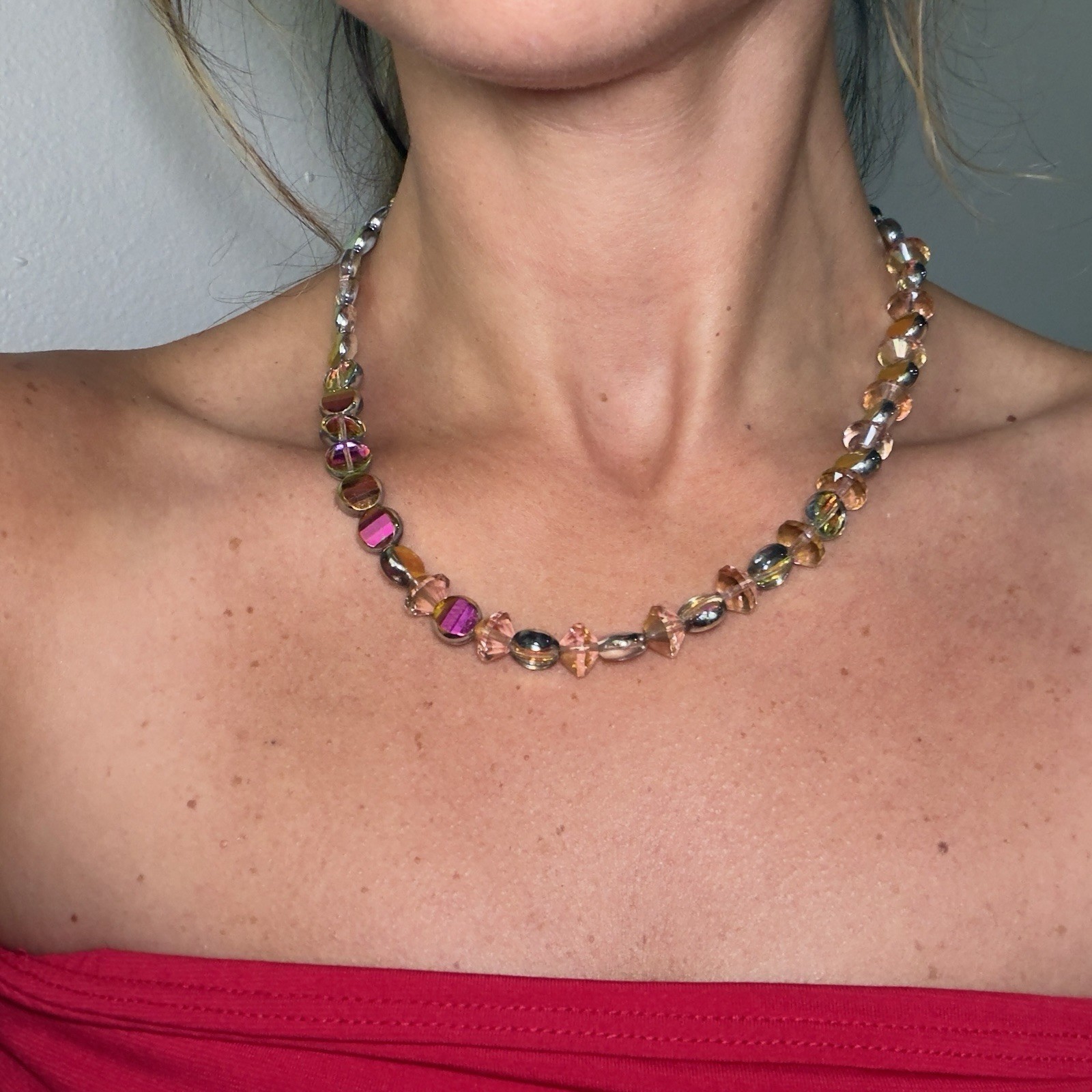 Multicolor Iridescent Round Beaded Statement Necklace Toggle Y2K Glam Gold Toned