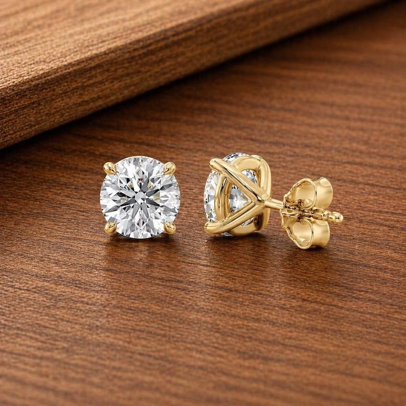 1.0CT Round Cut Moissanite 14K Yellow Gold Solitaire Handmade Stud Earrings