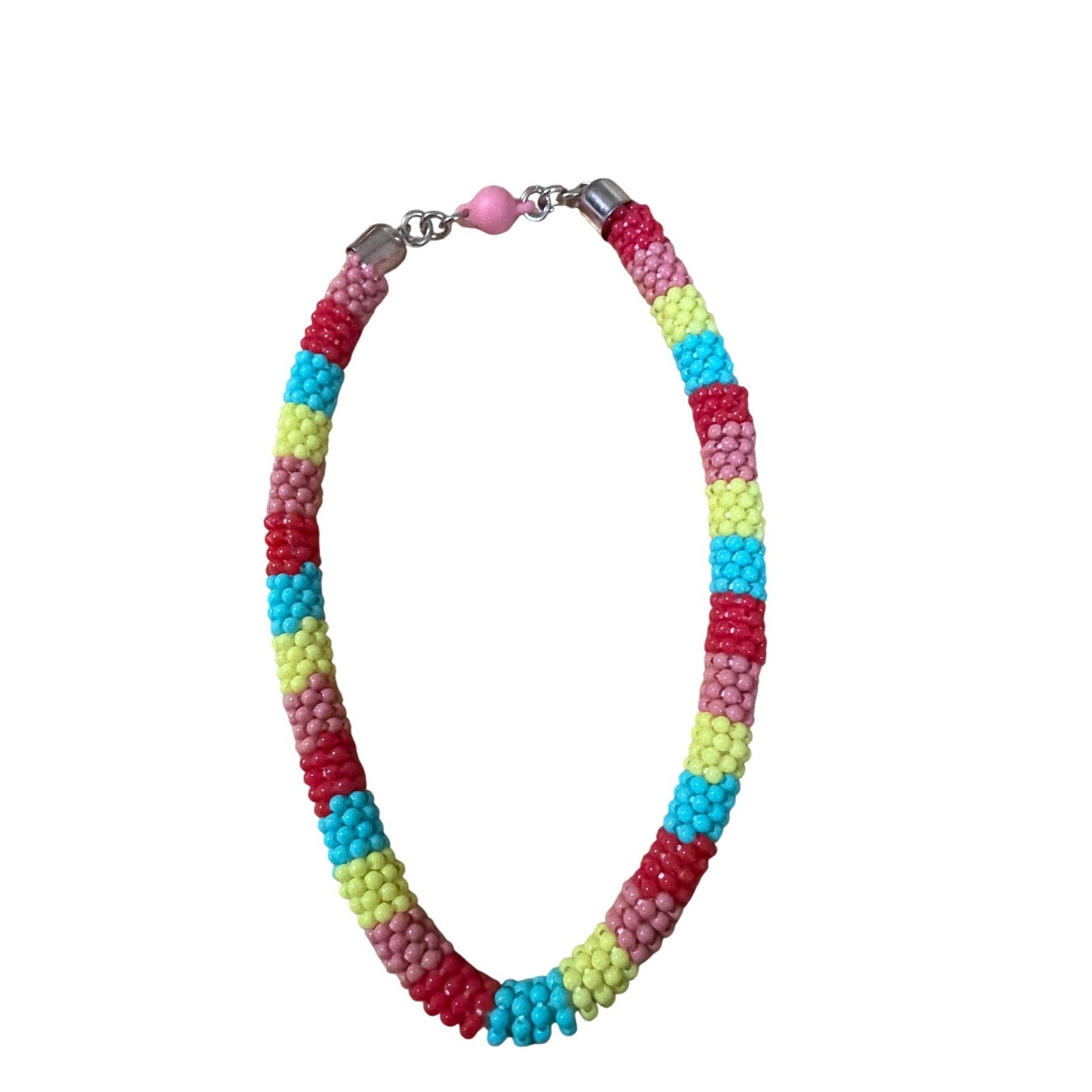 Handcrafted Colorful Striped Beaded Rope Necklace Red Pink Yellow Blue 14 Inch
