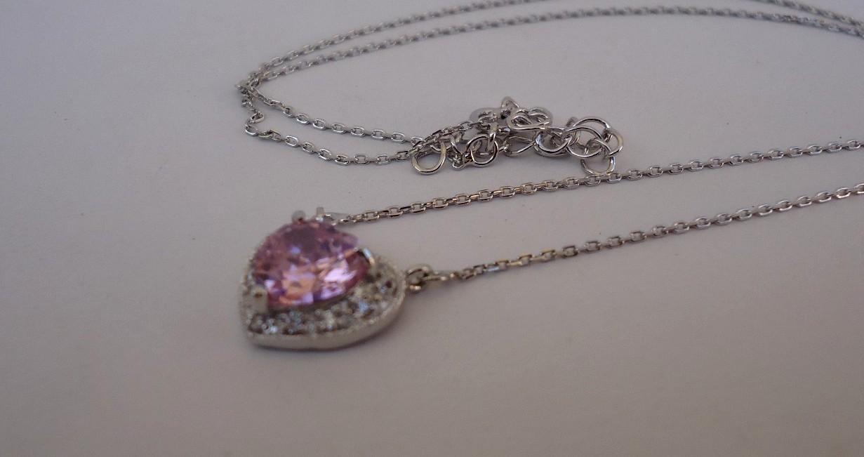STERLING SILVER HEART NECKLACE PENDANT 3.50 CT PINK /WHITE LAB CREATED DIAMOND