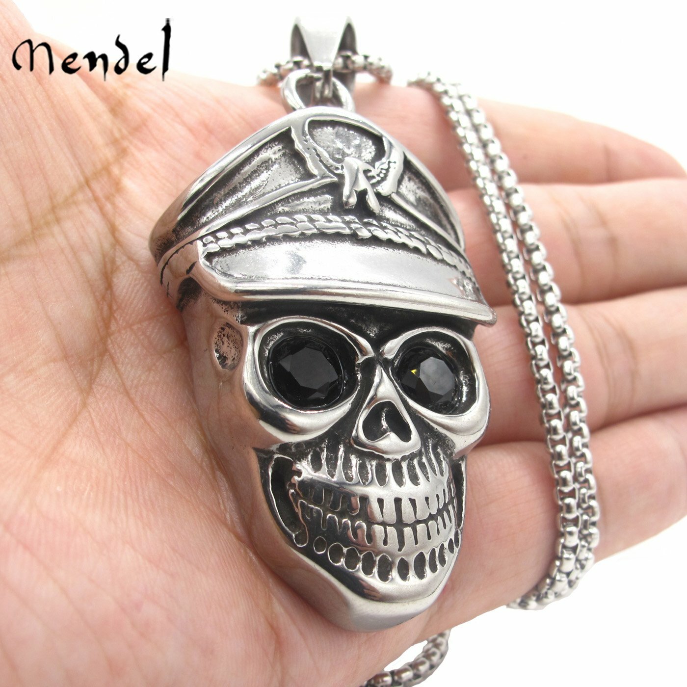 MENDEL Mens Large Biker Skull Hip Hop CZ Pendant Necklace Stainless Steel Men