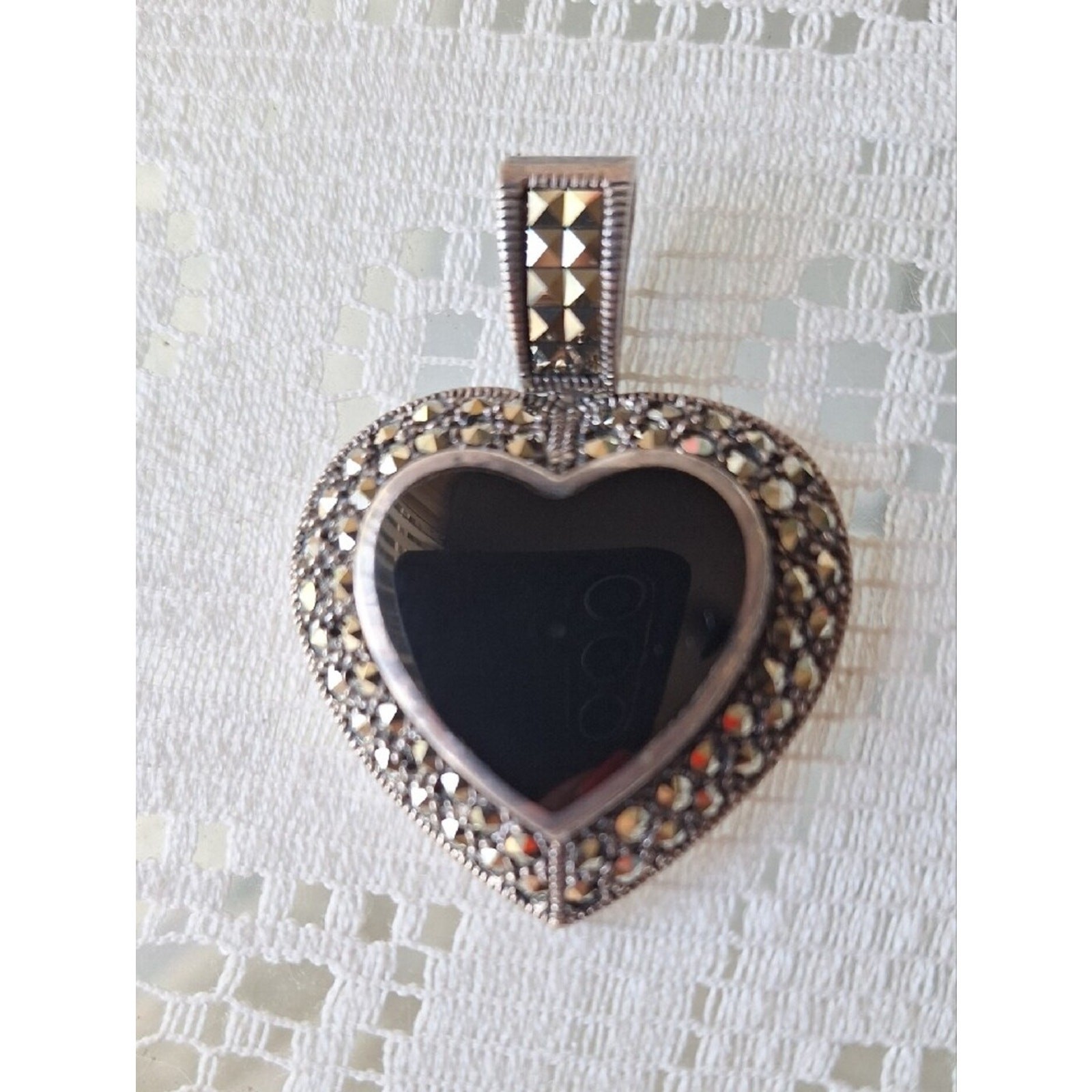 Sterling Silver Heart Pendant Necklace with Black Onyx and Marcasite