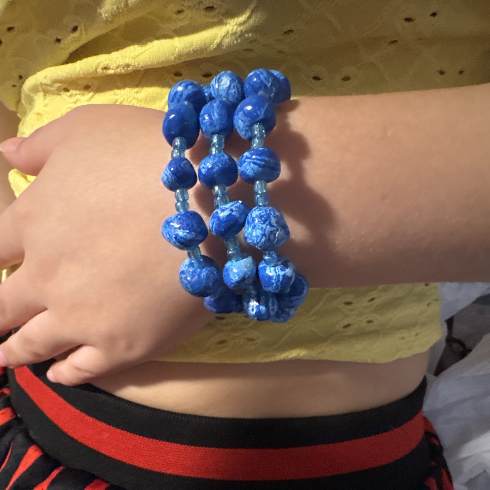 Blue Glass Beaded Stretch Bracelet with Round Beads, Sizable Fit