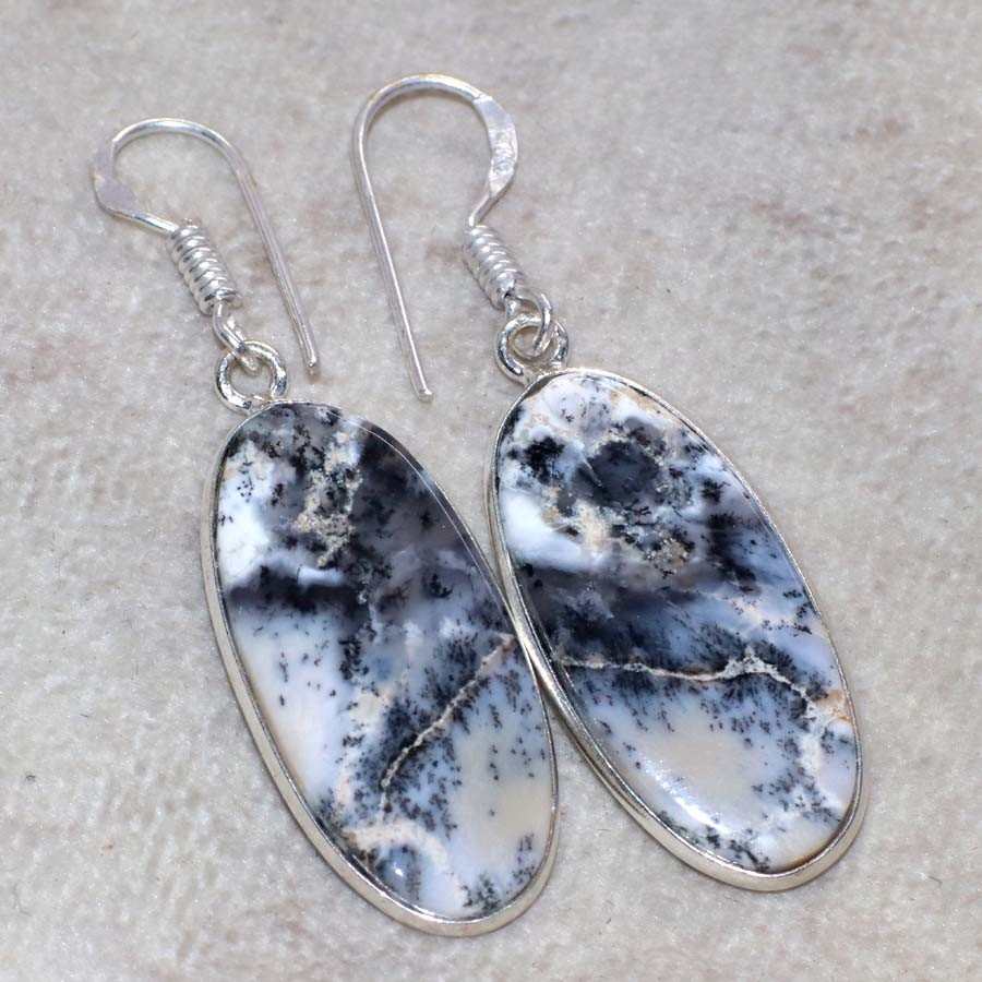 Dendritic Opal 925 Silver Plated Earrings 1.8″ Statement Jewelry Trendy MJ