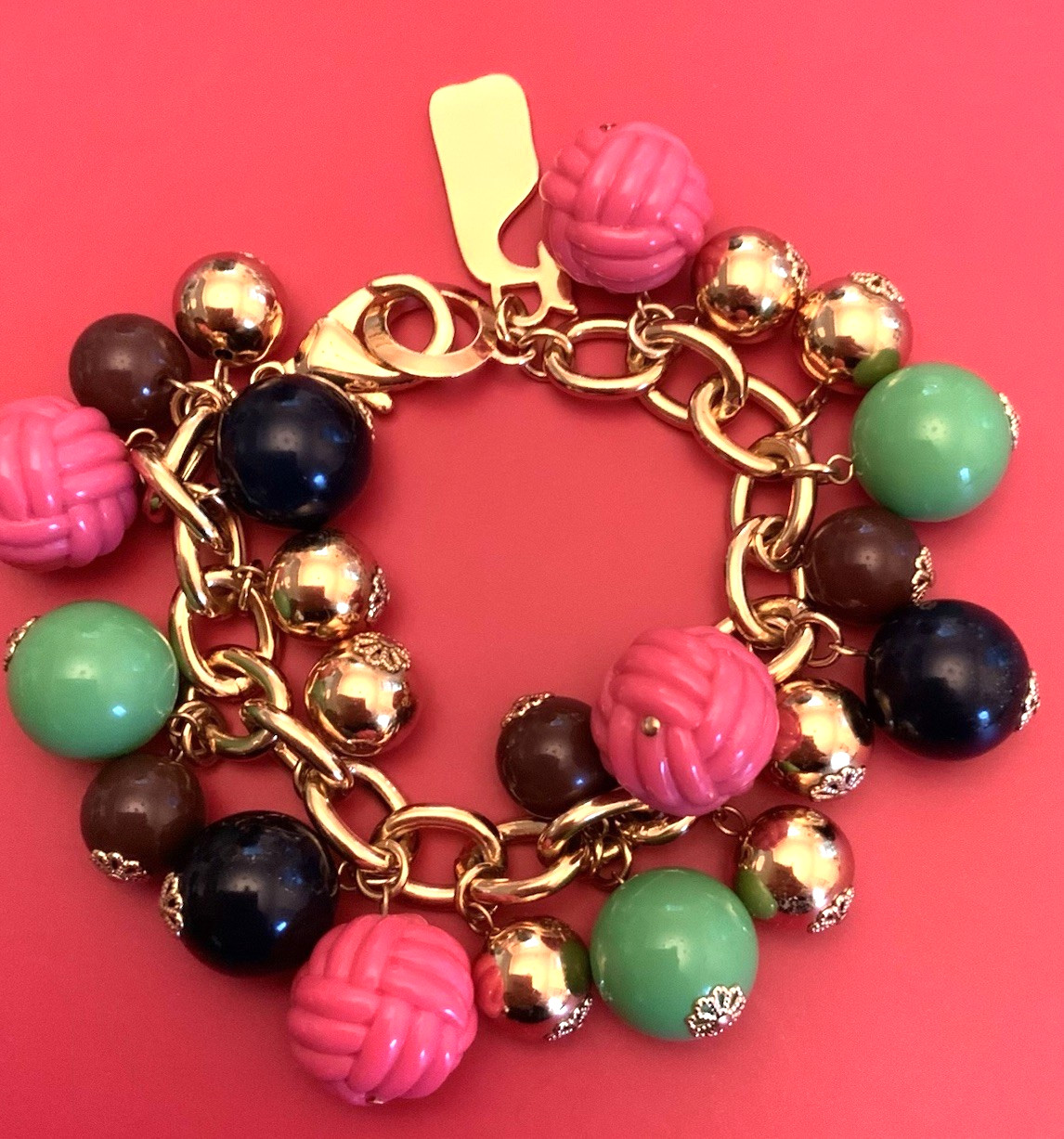 VINEYARD VINES Preppy Pink Green Nautical Knot Chunky Dangle Charm Bracelet
