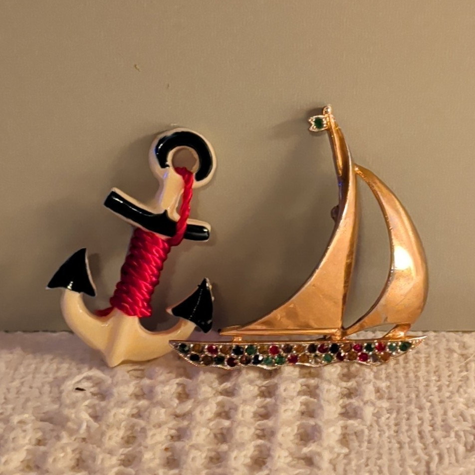 Nautical Anchor & Sailboat Enamel Metal Brooch Pin Lot 2 Gold Tone Crystal