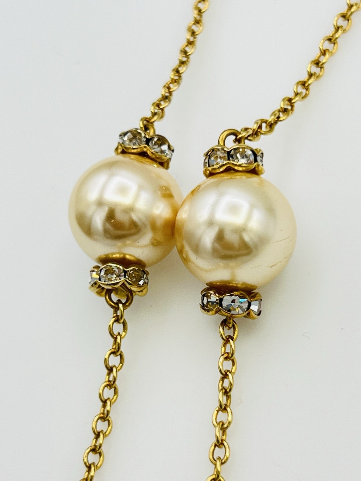 J Crew Gold Tone Faux Champagne Pearl Crystal Rondell Station Necklace 34 in