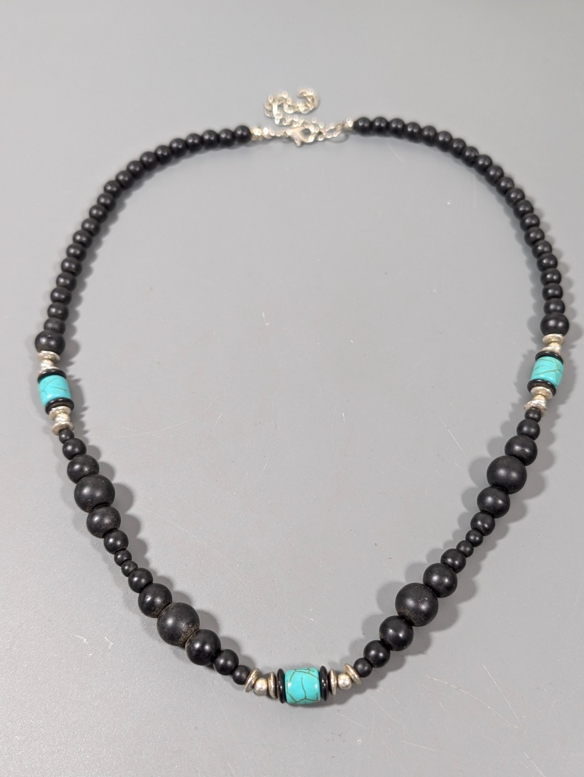 Beachy Boho Black Stone Faux Turquoise Beaded Necklace 23 in