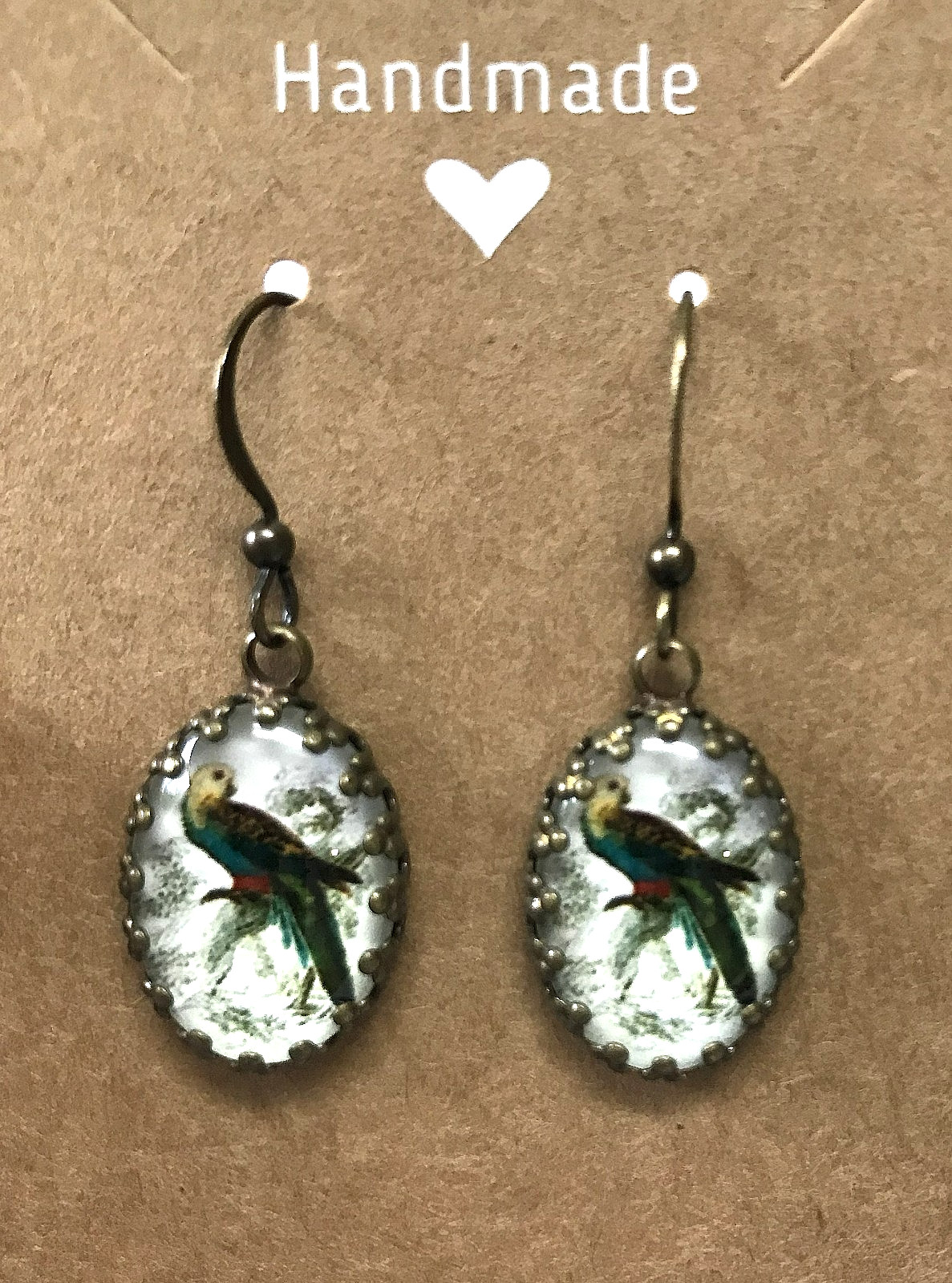 Vintage Style Parrot Bird Image Glass Cabochon Bronze Dangle Hook Earrings
