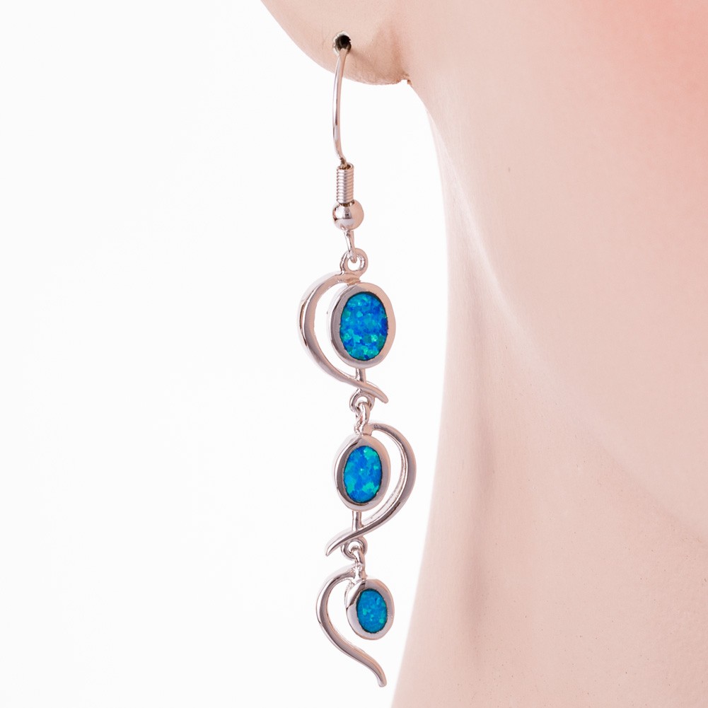 Heart Ocean Blue Fire Opal Oval Silver Jewelry Dangle Drop Earrings