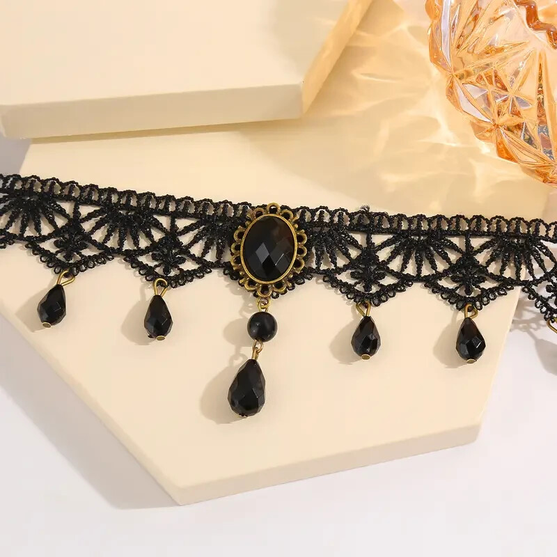 Black Lace Jewel Choker Necklace, Steampunk, Goth, Punk, Halloween, Trendy