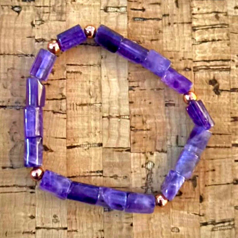 Purple Amethyst Rectangle Gemstone Beaded Stretch Bracelet, Charm Style