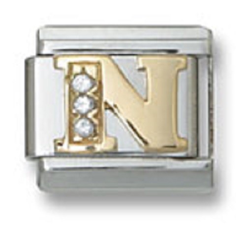 Italian Charm CZ Letter N 18K Gold Initial 9 mm Stainless Steel Modular Link