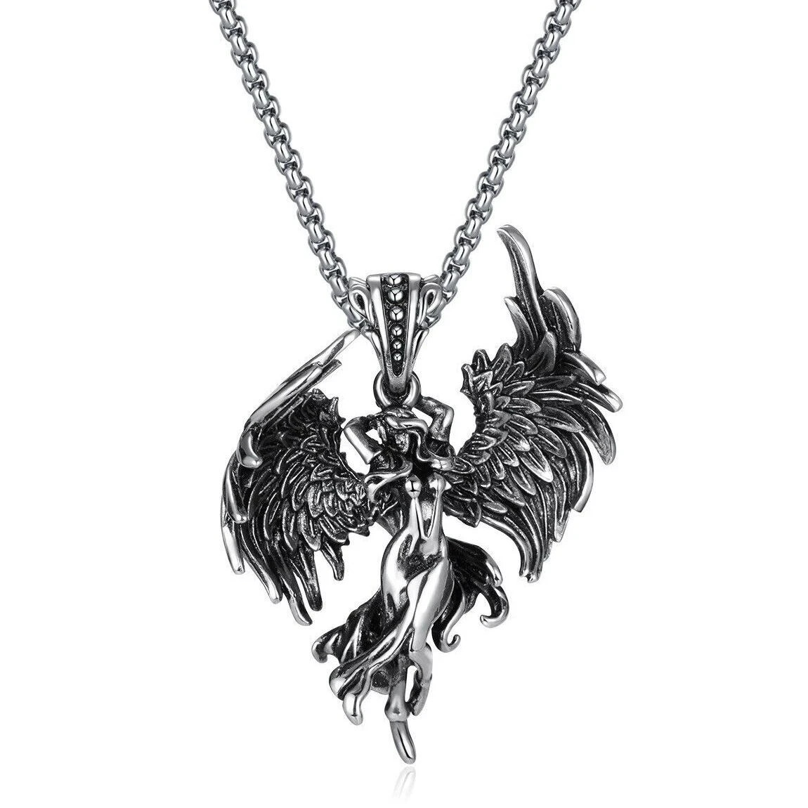 Men Women Angel Necklace Stainless Steel Vintage Unisex Pendant Box Chain Punk