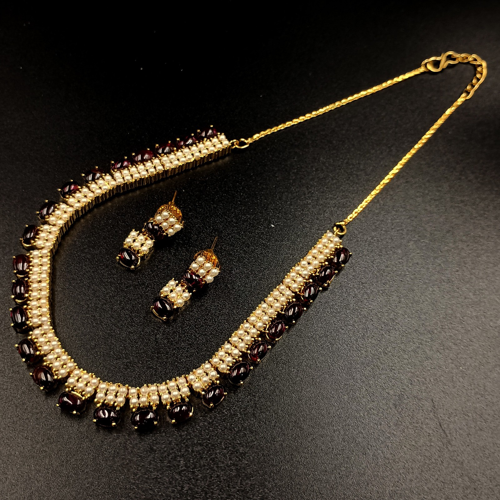 Garnet and Pearl Necklace Set 22k Gold Plated Traditional Ethnic Jewelry