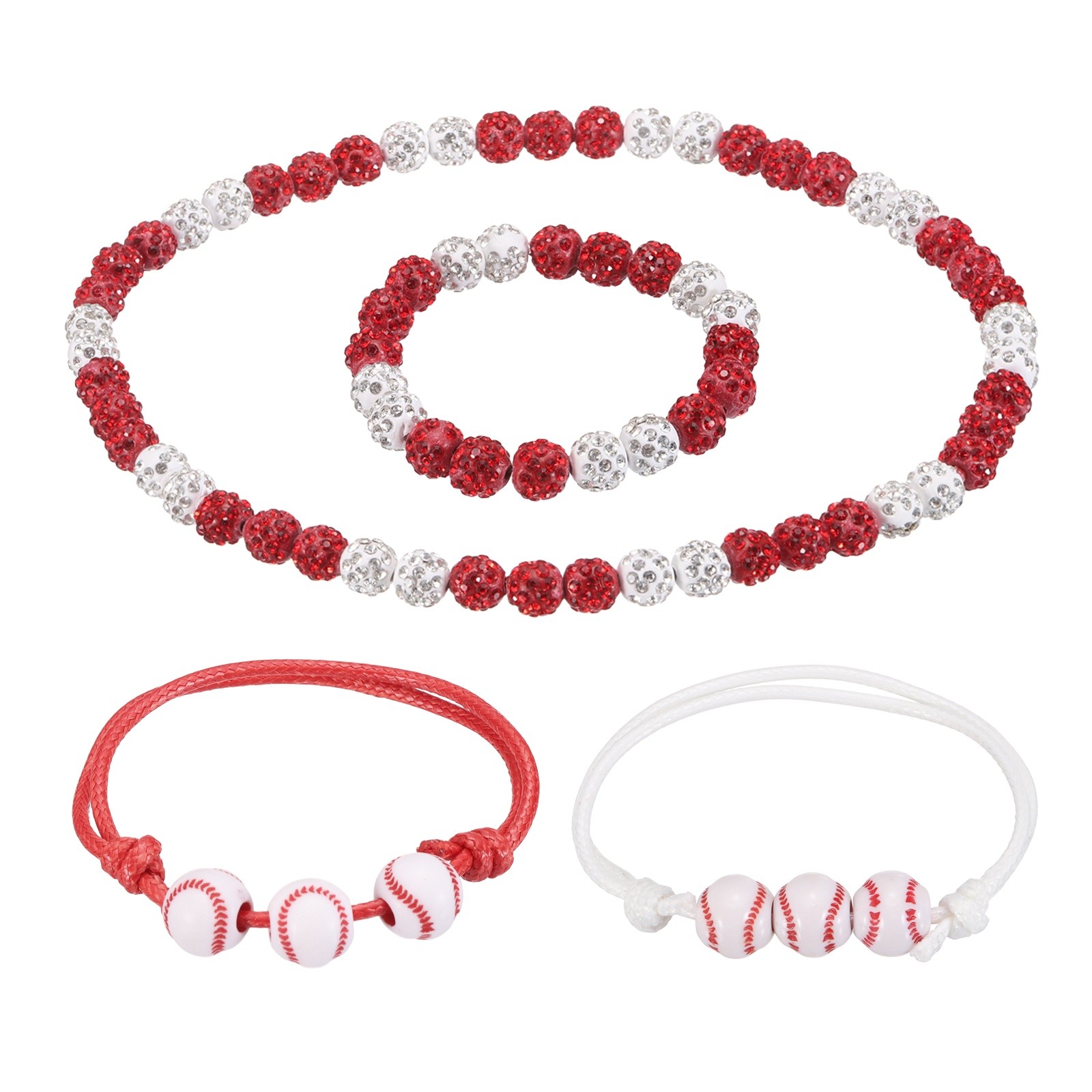 4Pcs Baseball Necklace Set 7″ Bling Beaded Chain 18″ Bracelet Red/White