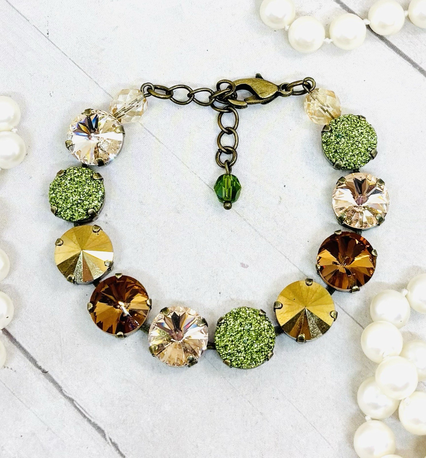 Antique Brass Plated 12mm Olive Green Glitter And Golden Cup Chain Bracelet
