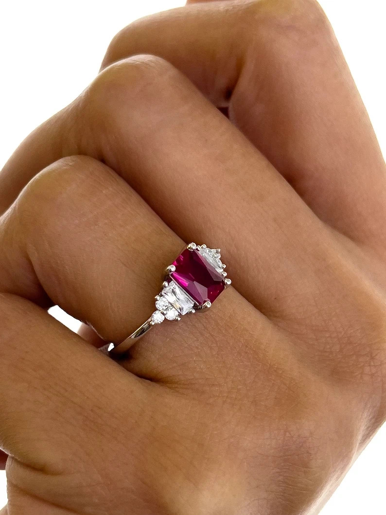 3.00 Ct Emerald Natural Ruby Diamond Engagement Ring 14K White Gold FN Size7