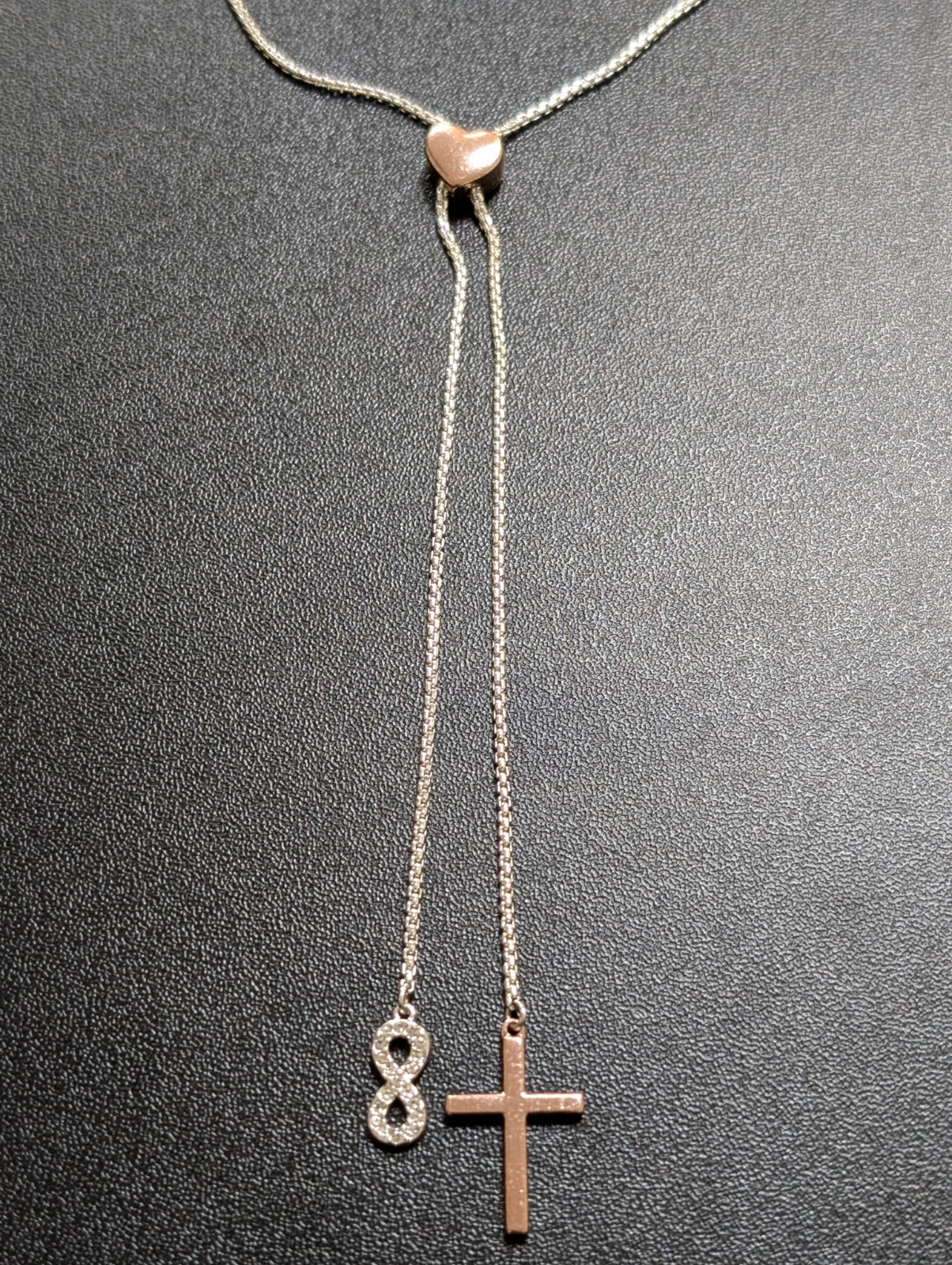 LA CN Two-Tone Bolo Lariat Necklace Silver & Rose Gold Tone Heart Cross Infinity