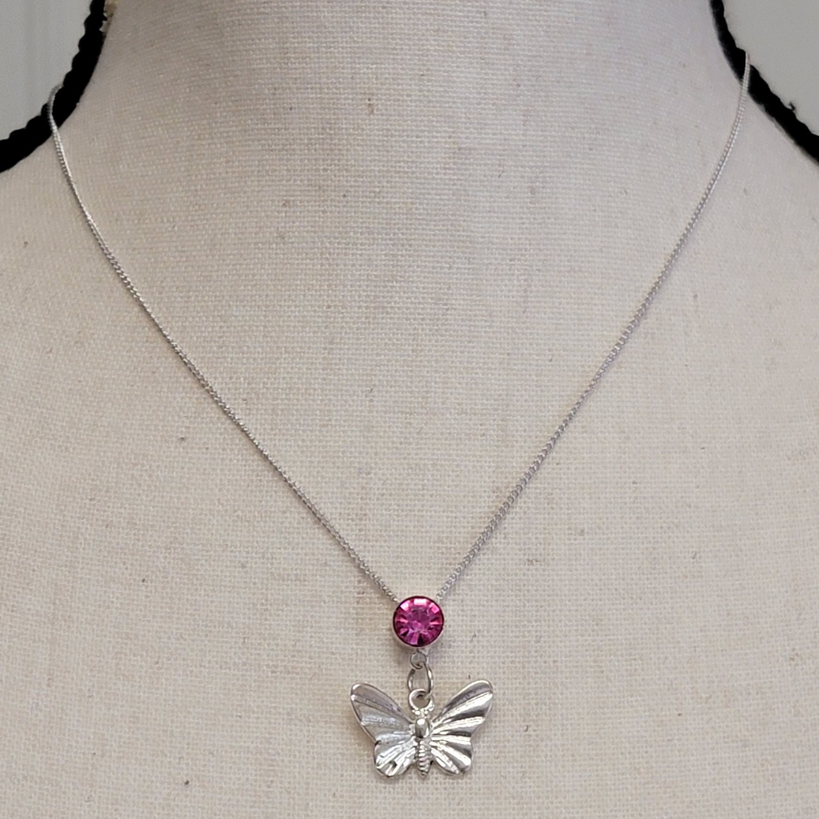 Adult Jewels Butterfly Necklace 18″ Pink Faux Gemstone Silver Tone Pendant Gift