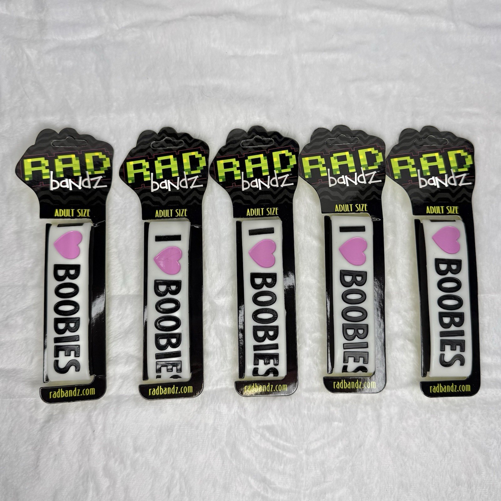 5 Radbandz I Love Boobies I Heart Boobies Silicone Bracelet Adult Size NEW