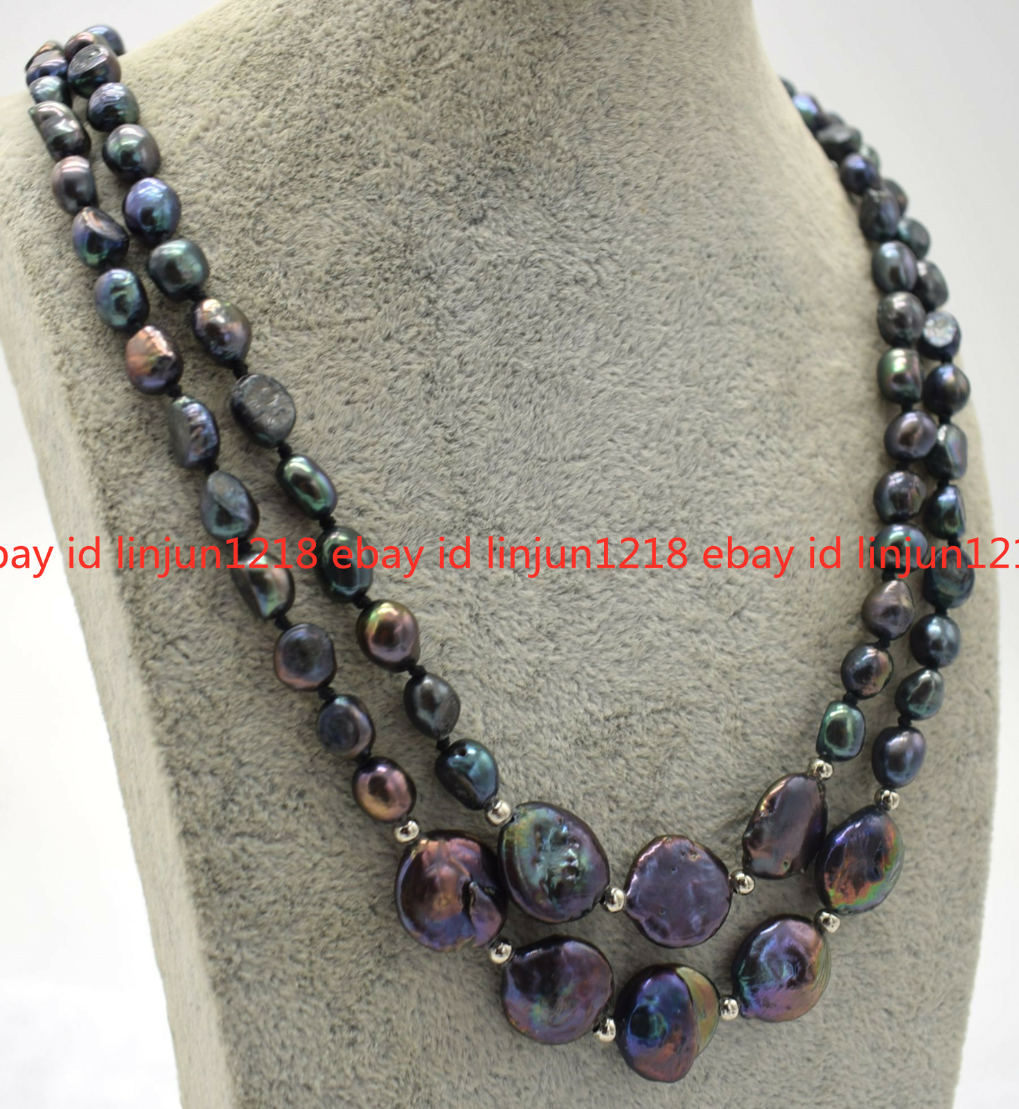 2Rows 7-8mm Natural Black Baroque Pearl 12-13mm Coin Pearl Necklace 18-19in