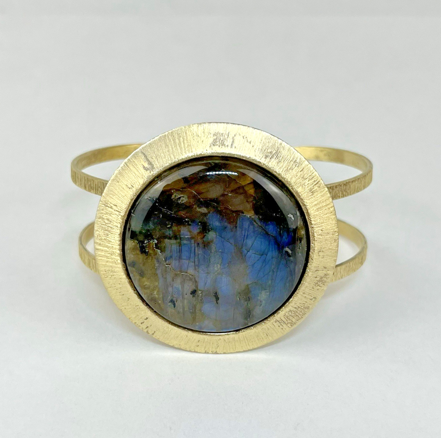 Vintage Sterling Silver Round Labradorite Gold Vermeil Modernist Cuff Bracelet