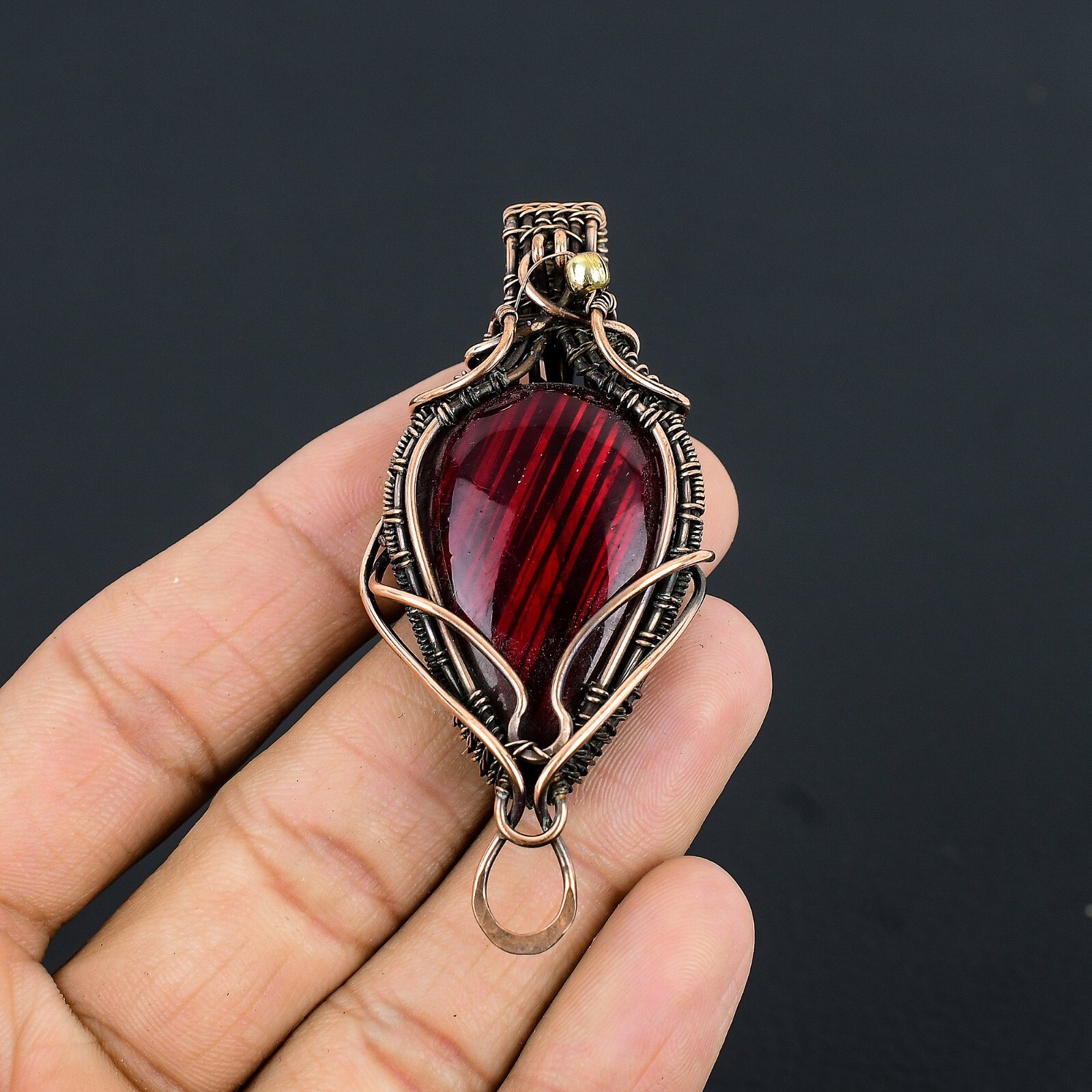 Red Flash Labradorite Gemstone Copper Wire Wrap Handmade Pendant Gift For Her