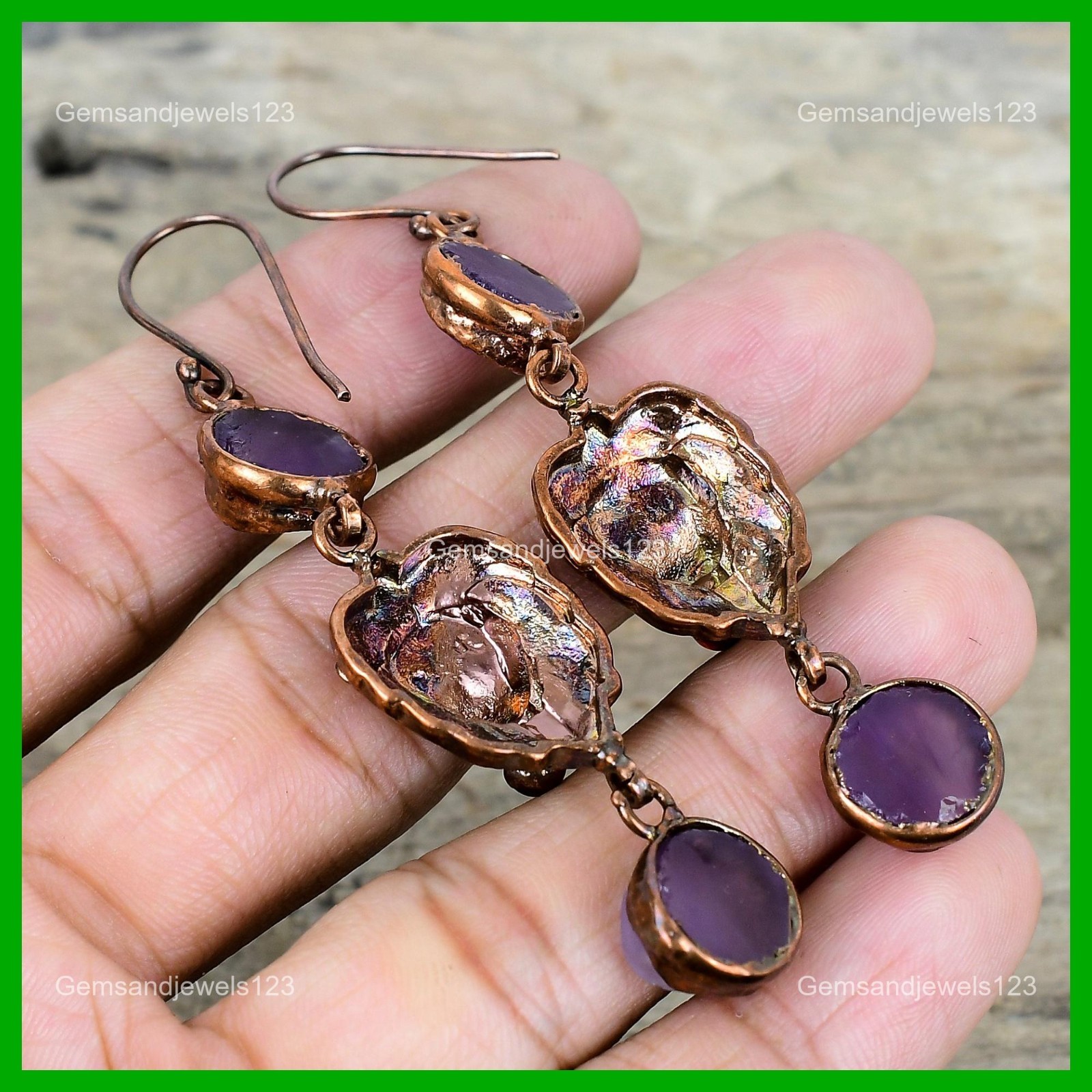 African Amethyst Rough Gemstone Earrings Electroformed Copper Lion Face Earring