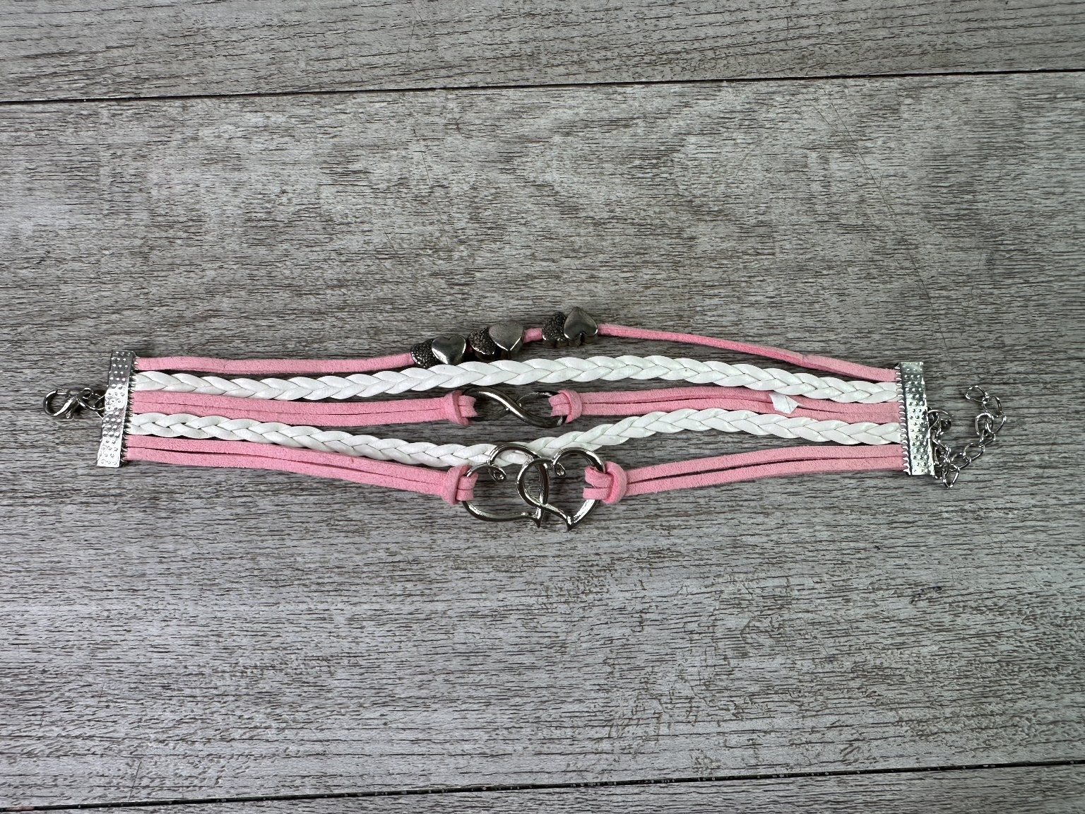 Pink White Multi-Strand Bracelet Infinity Hearts Charm Adjustable Silver Tone