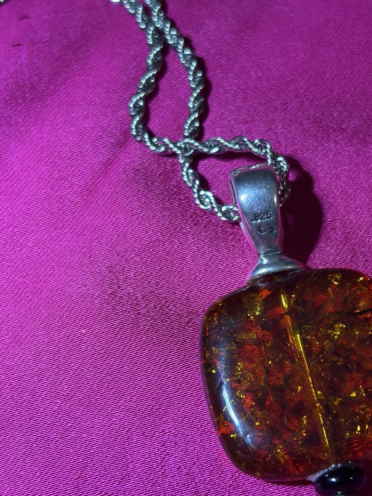 925 Sterling Silver Rope Chain Necklace Cushion Amber Onyx Charm Pendant
