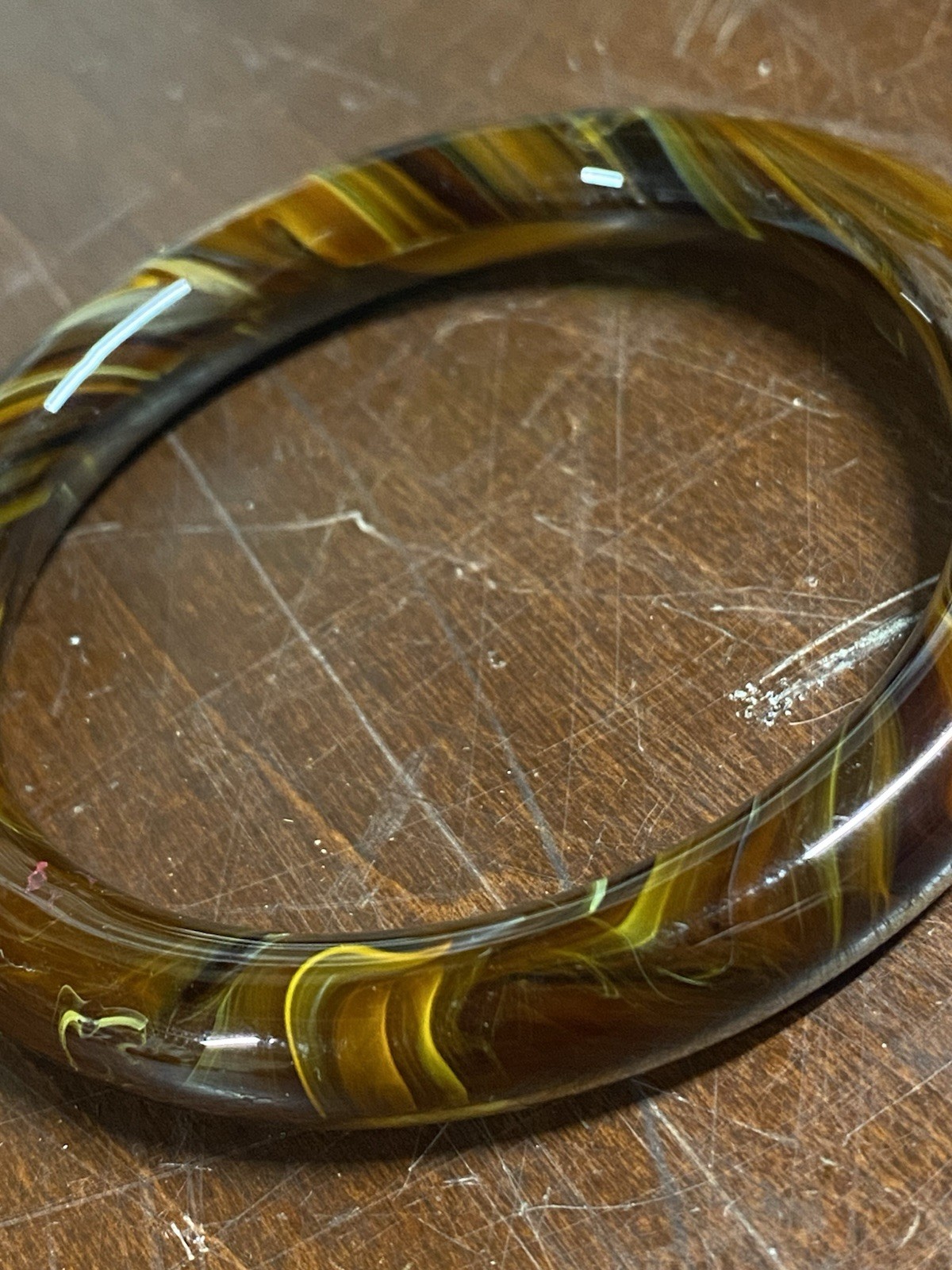 Brown & Yellow Swirl Plastic Round Bangle Bracelet, Less Than 12 in