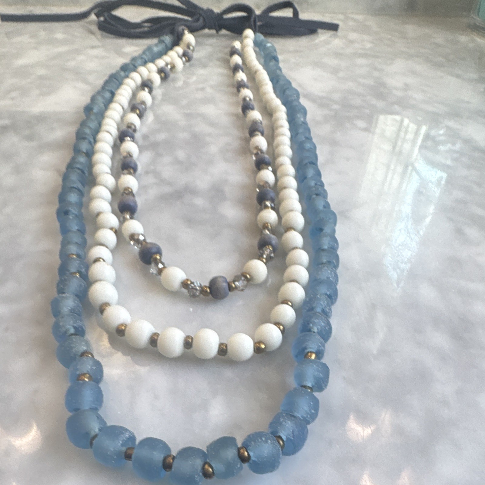 Blue White Gray Layered Beaded Necklace Round Beads Adjustable Tie Closure