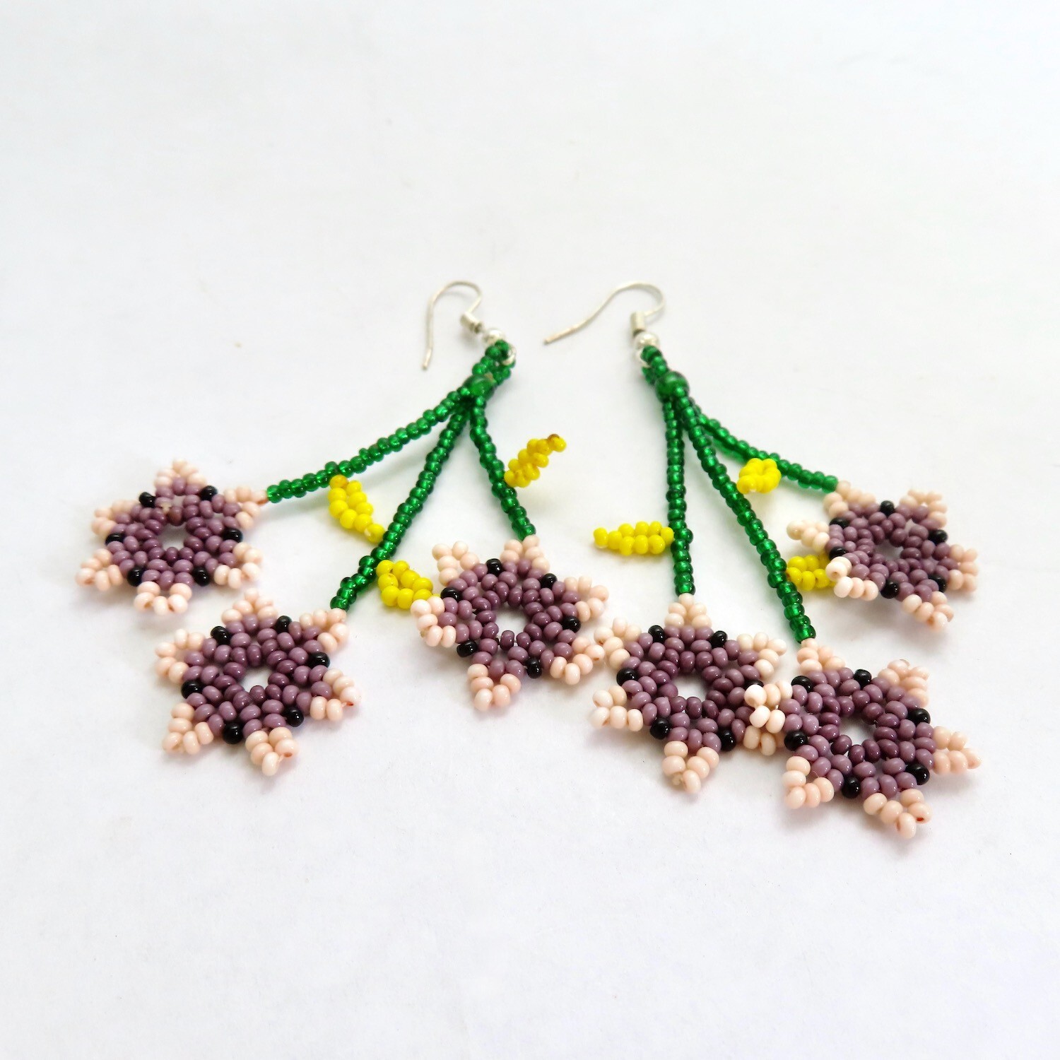 Beaded Dangle Earrings Pink Purple Flowers Huichol Handmade Mexican Folk Art
