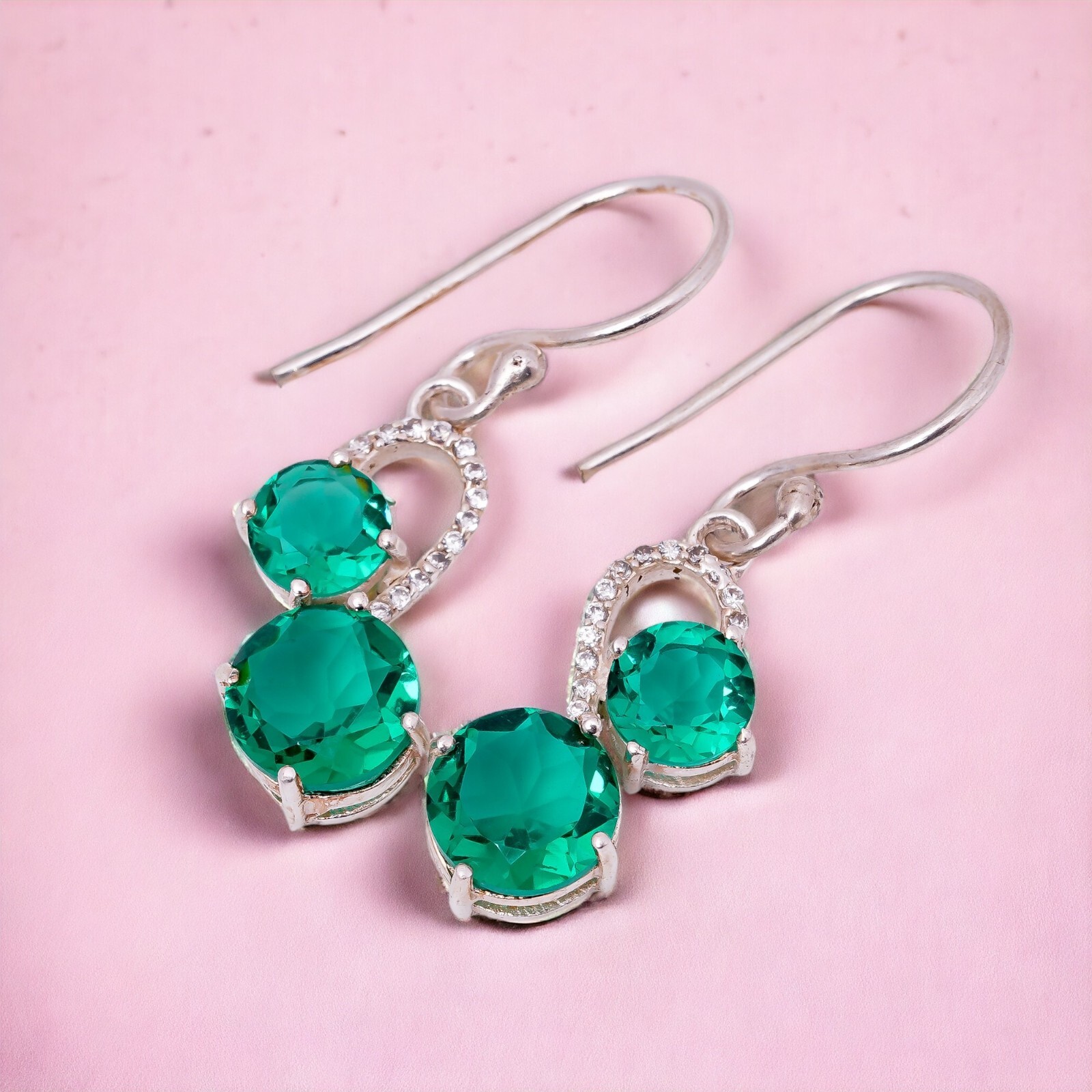 Green Emerald Gemstone 925 Silver Drop/Dangle Earrings For Women