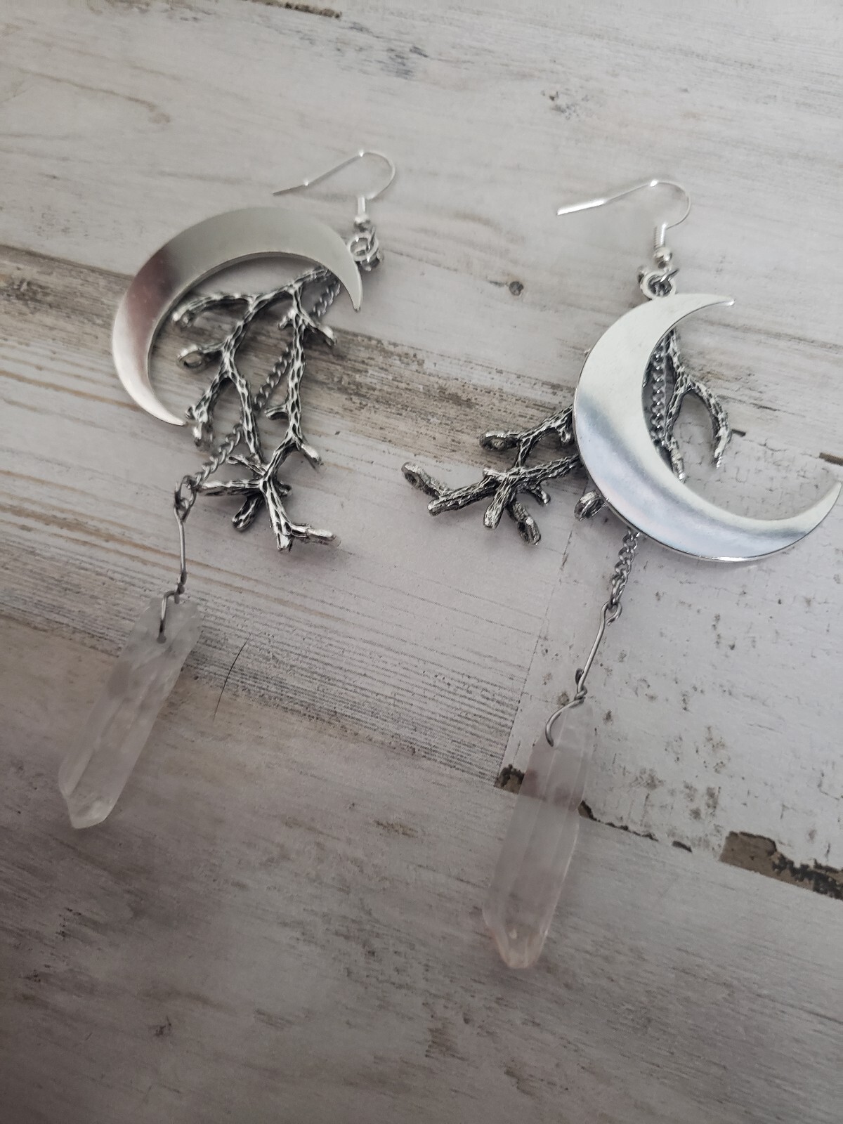 Crescent moon earrings tree branches quartz boho hippie pretty cute love witch