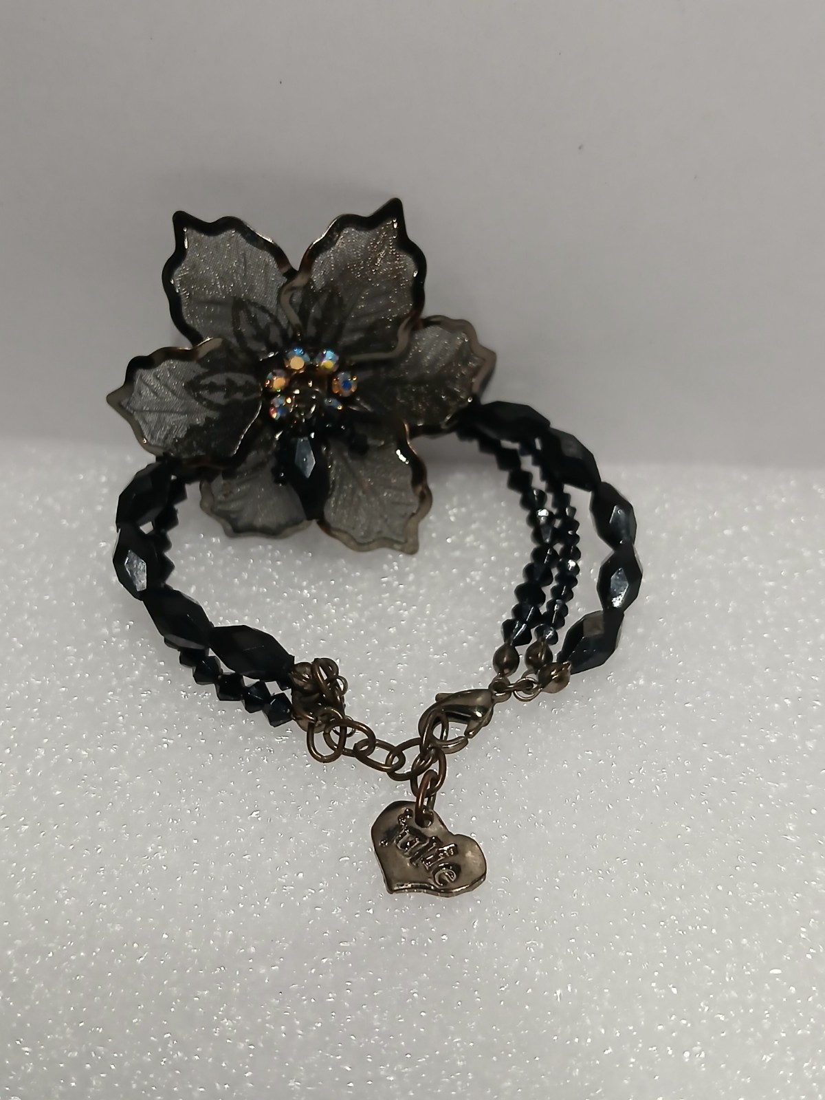 Black Beaded Three Strand Bracelet Mesh Flower Heart Charm Julie Boho Statement