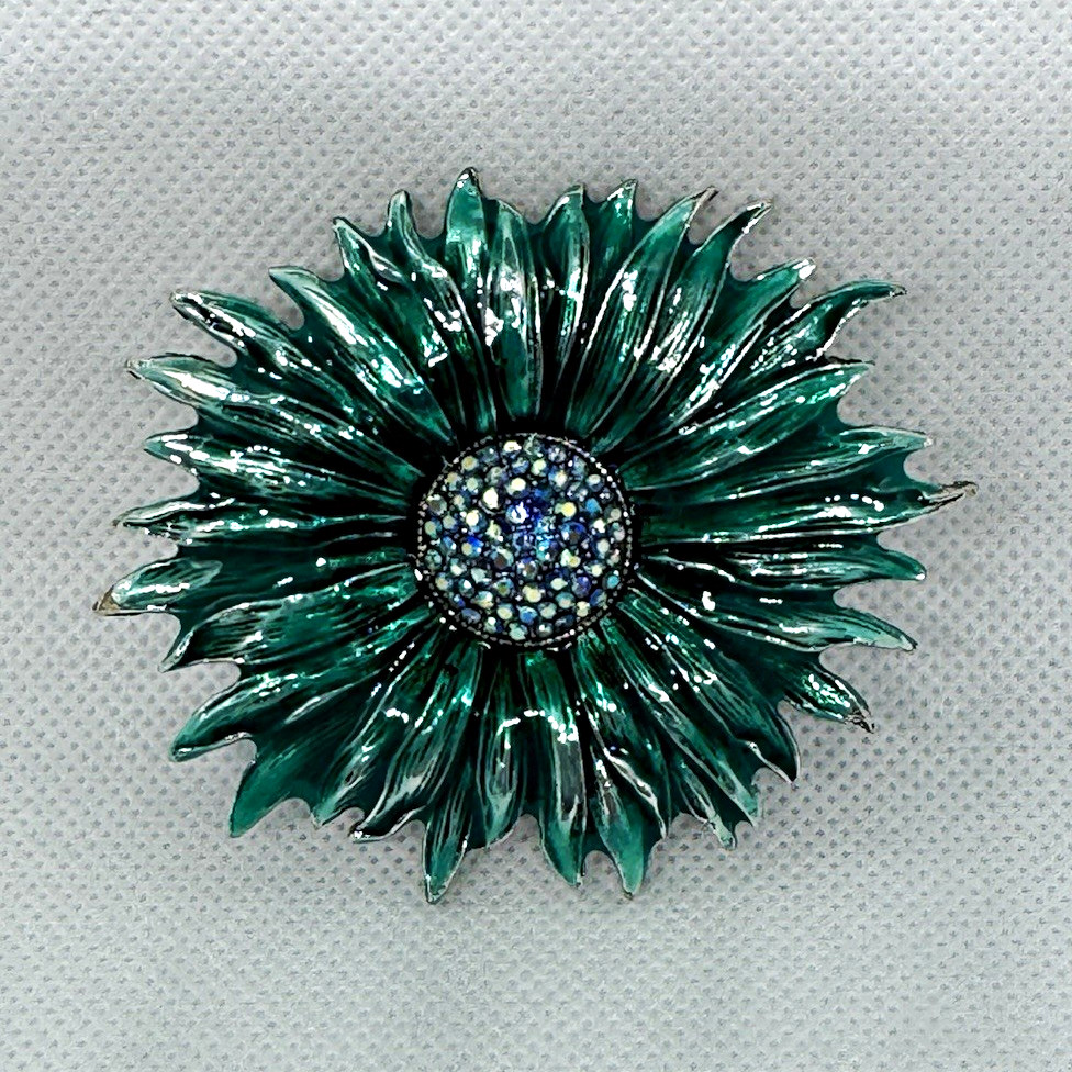 Green Enamel Flower Brooch Pin Silver Tone w/ AB Round Rhinestone Center