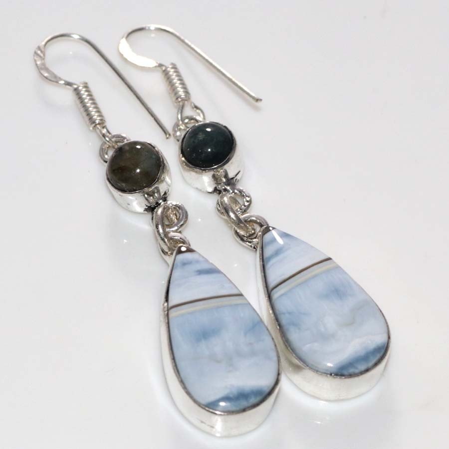 925 Silver Plated Pretty Owyhee Blue Opal Fiery Labradorite Earrings 2.2″ GW
