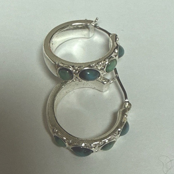 Silver Tone Round Hoop Earrings w/ Blue Round Stone, Bezel Set, Hinged