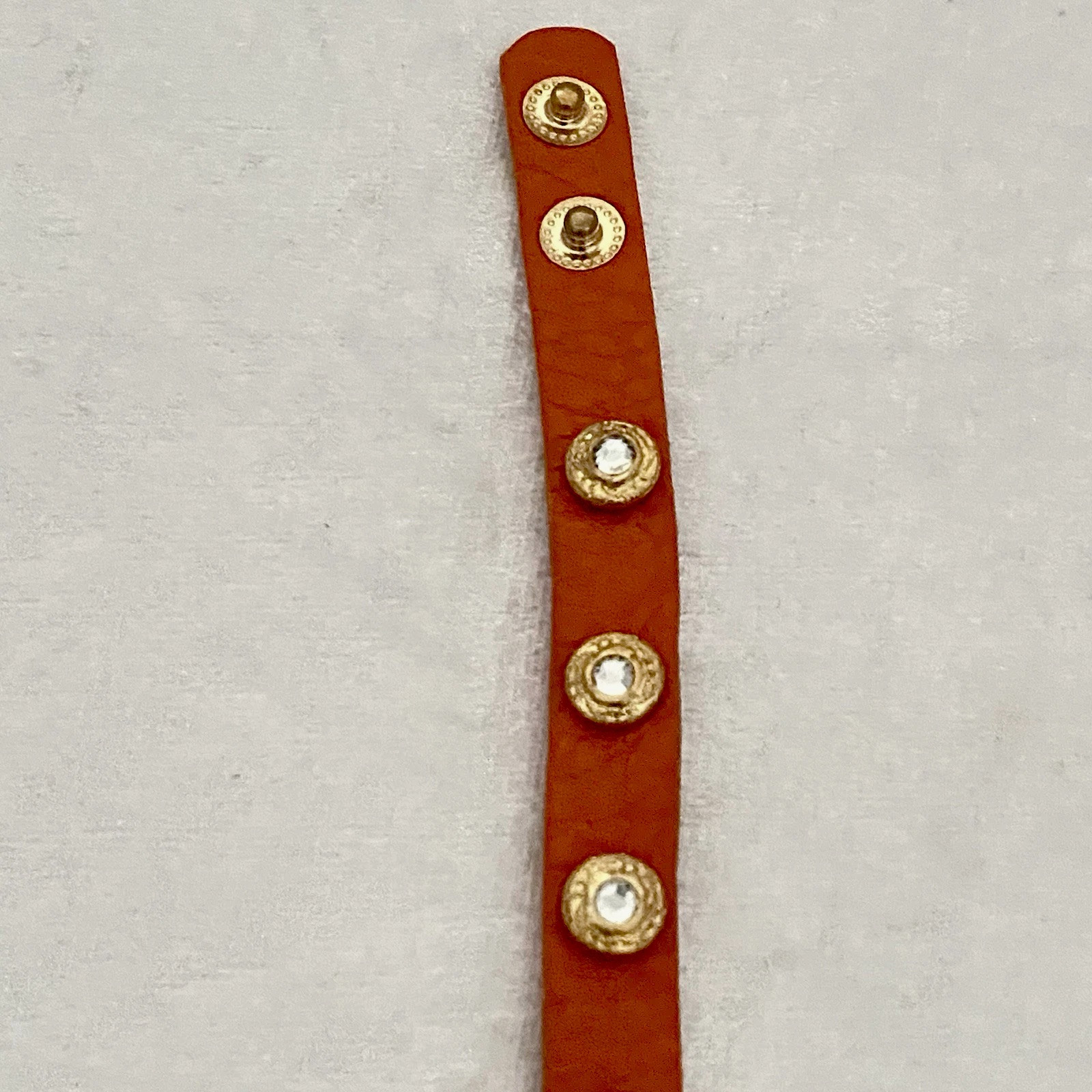 King Star Bracelet Orange Leather White Rhinestone Gold Tone Accept Snap Closure