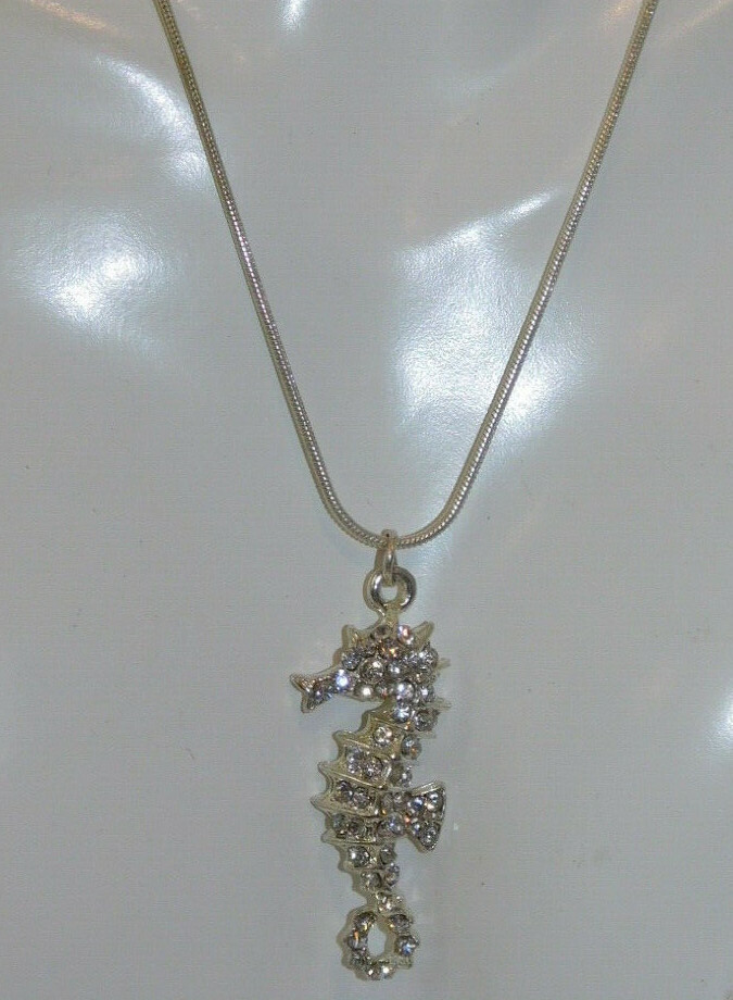 Nautical Seahorse Sea Horse Rhinestone Pendant Snake chain Silver Necklace 7b 81