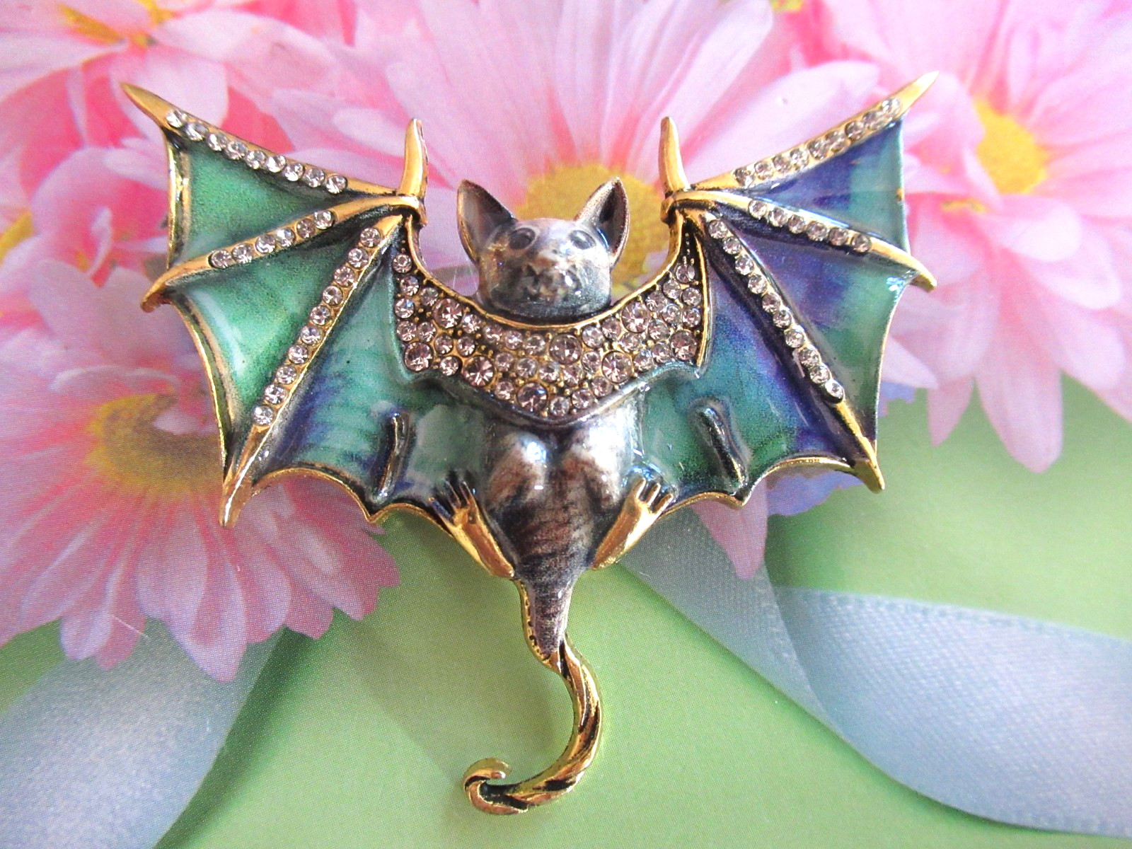 COOL Halloween Bat Brooch Green Blue Enamel Crystal Rhinestones BAT BROOCH NEW